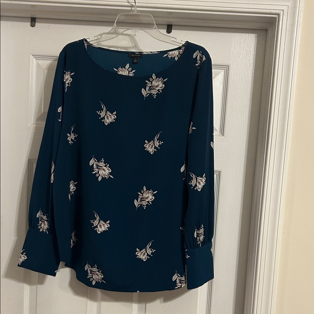 Ann Taylor Teal Floral Long-Sleeve Blouse